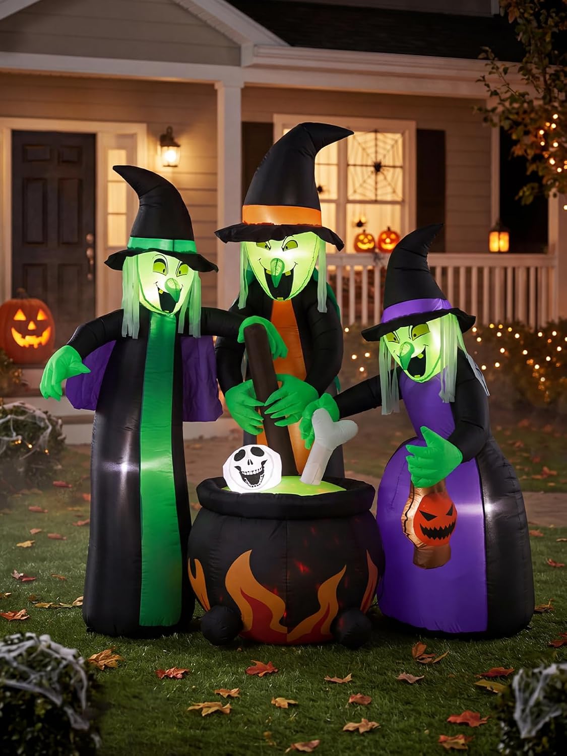 8FT Halloween Inflatable Witch Outdoor Decoration, Blow Up Yard Decor with Built-in LEDs, Witches with Cauldron for Lawn, Garden, Party