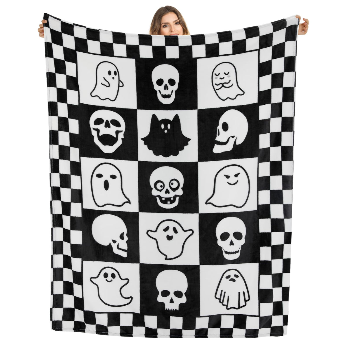 Skull Blanket, Black and White Checkered Ghost Blanket