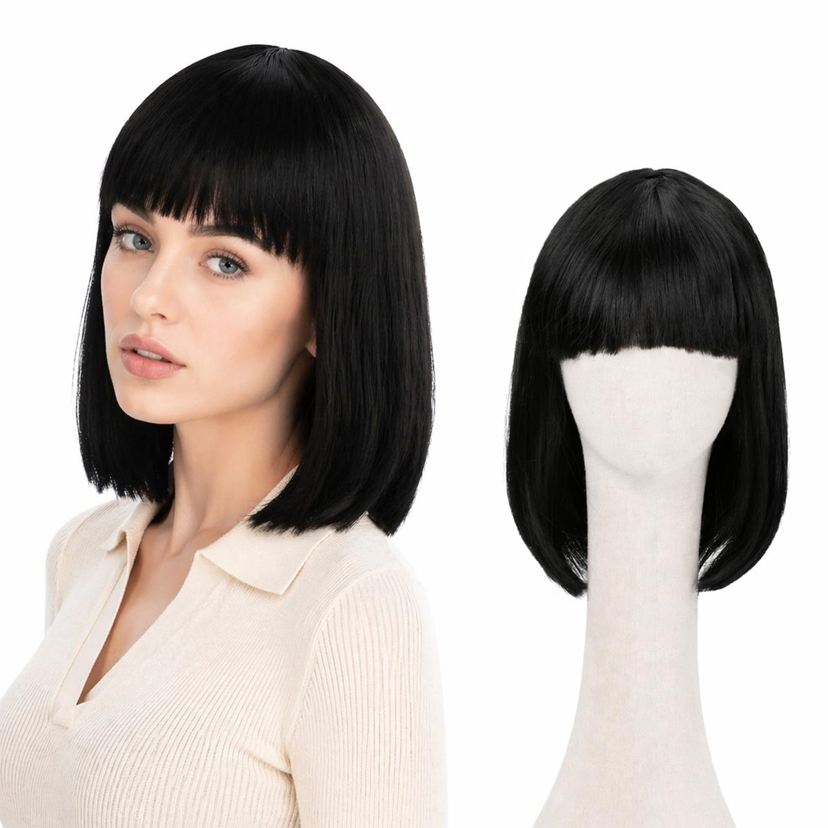 Short Black Bob Wig with Bangs for Women