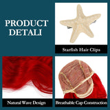 Mermaid Wavy Red Wig with Starfish Hair Clip for Women
