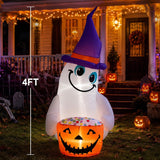 4FT Halloween Inflatable Outdoor Decorations, Blow Up Cute Ghost with Witch Hat and Pumpkin Bowl with Built-in Bright LEDs, Yard Lawn Garden Party Decor
