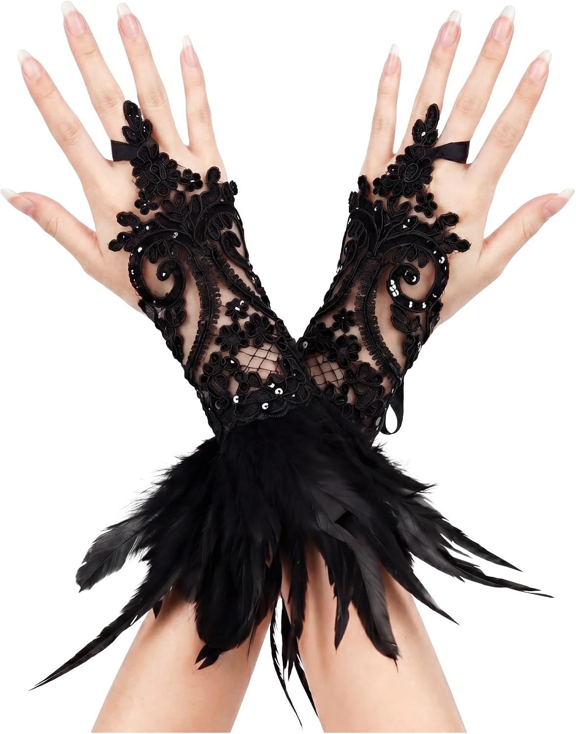 Black Witch Gloves, Lace Feather Halloween Costume for Women