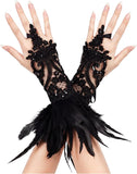 Black Witch Gloves, Lace Feather Halloween Costume for Women