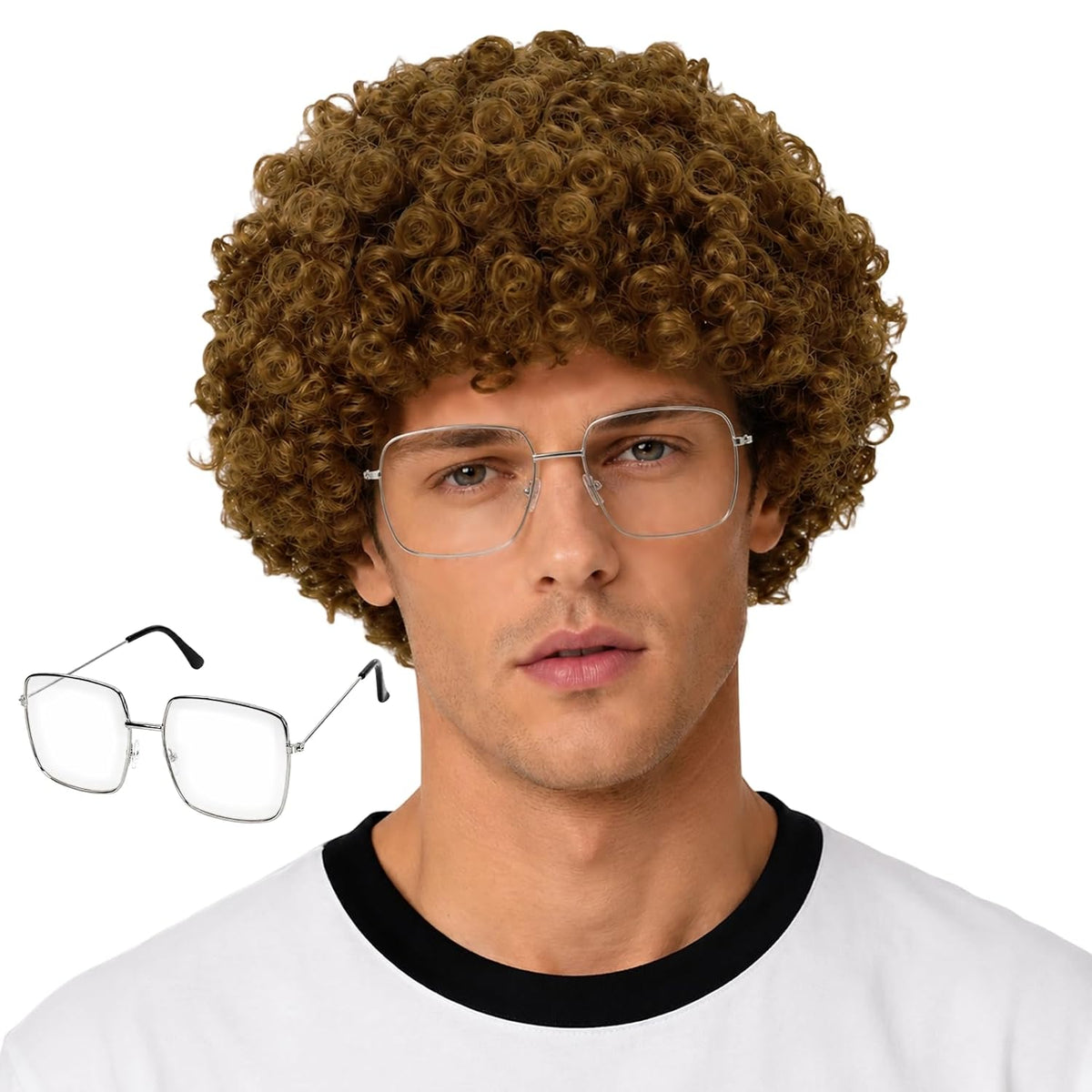 Brown Afro Wig and Prop Glasses Costume Set for Men