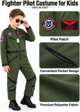 Kids Pilot Costume for Boys, Green Aviator Flight Suit Jumpsuit Halloween Costume with Sunglasses and Dog Tag
