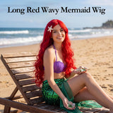 Mermaid Wavy Red Wig with Starfish Hair Clip for Women