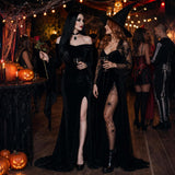 4 PCS Black Gothic Dress for Women, Velvet Off Shoulder High Slit Halloween Dress Set
