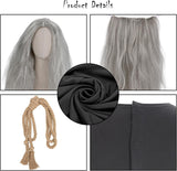 Adult Wizard Costume Set for Men 5 Pcs Gray Sorcerer Outfit with Robe Hat Wig Beard and Waist Rope for Halloween