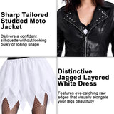 Gothic Bride Costume Women, 3PCS Dark Wedding Halloween Costumes with Studded Faux Leather Biker Jacket