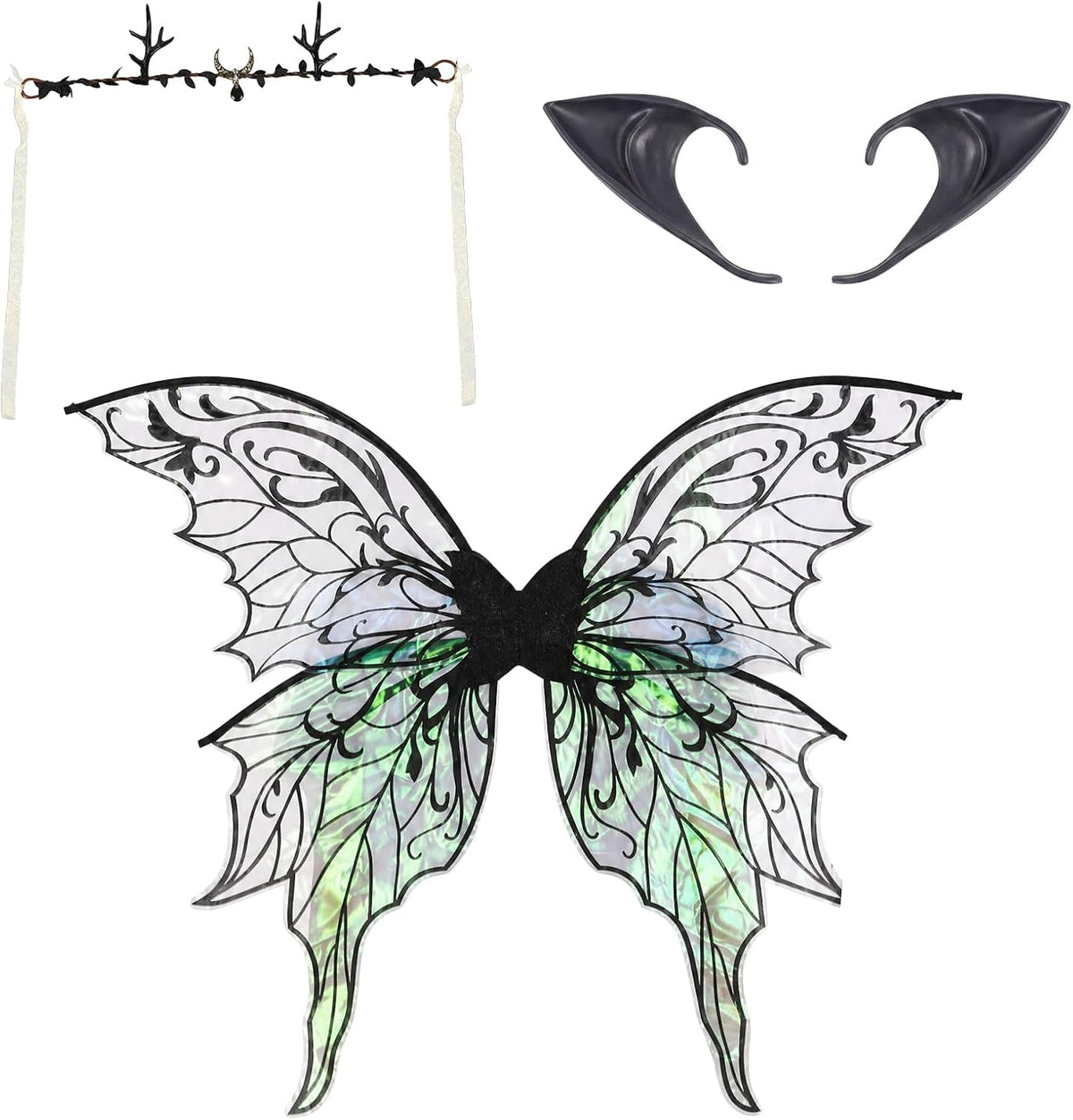 Black Fairy Wings for Women, 3-Piece Costume Accessory Set