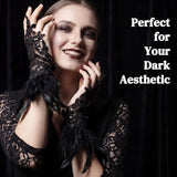 Black Witch Gloves, Lace Feather Halloween Costume for Women