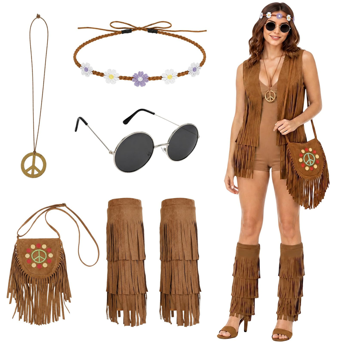 Halloween Hippie Costume Accessories Set, Fringe Vest