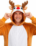 Adult Reindeer Onesie Costume - 3D Hooded Animal One-Piece Pajama for Halloween Men Women
