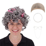 Halloween Gray Old Lady Costume Wig Set for Women
