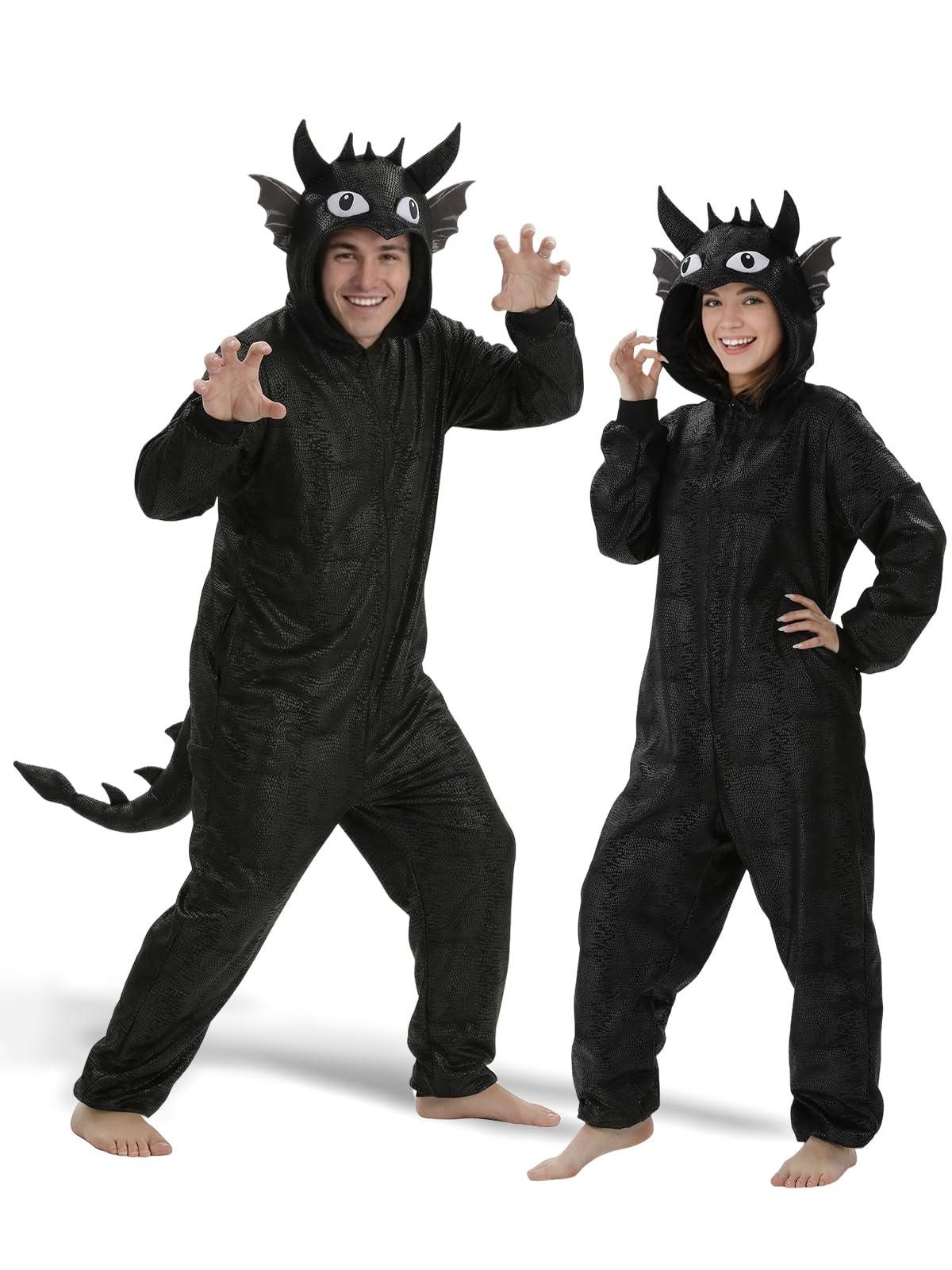 Adult Night Dragon Onesie Costume - 3D Hooded Animal One-Piece Pajama for Halloween Men Women