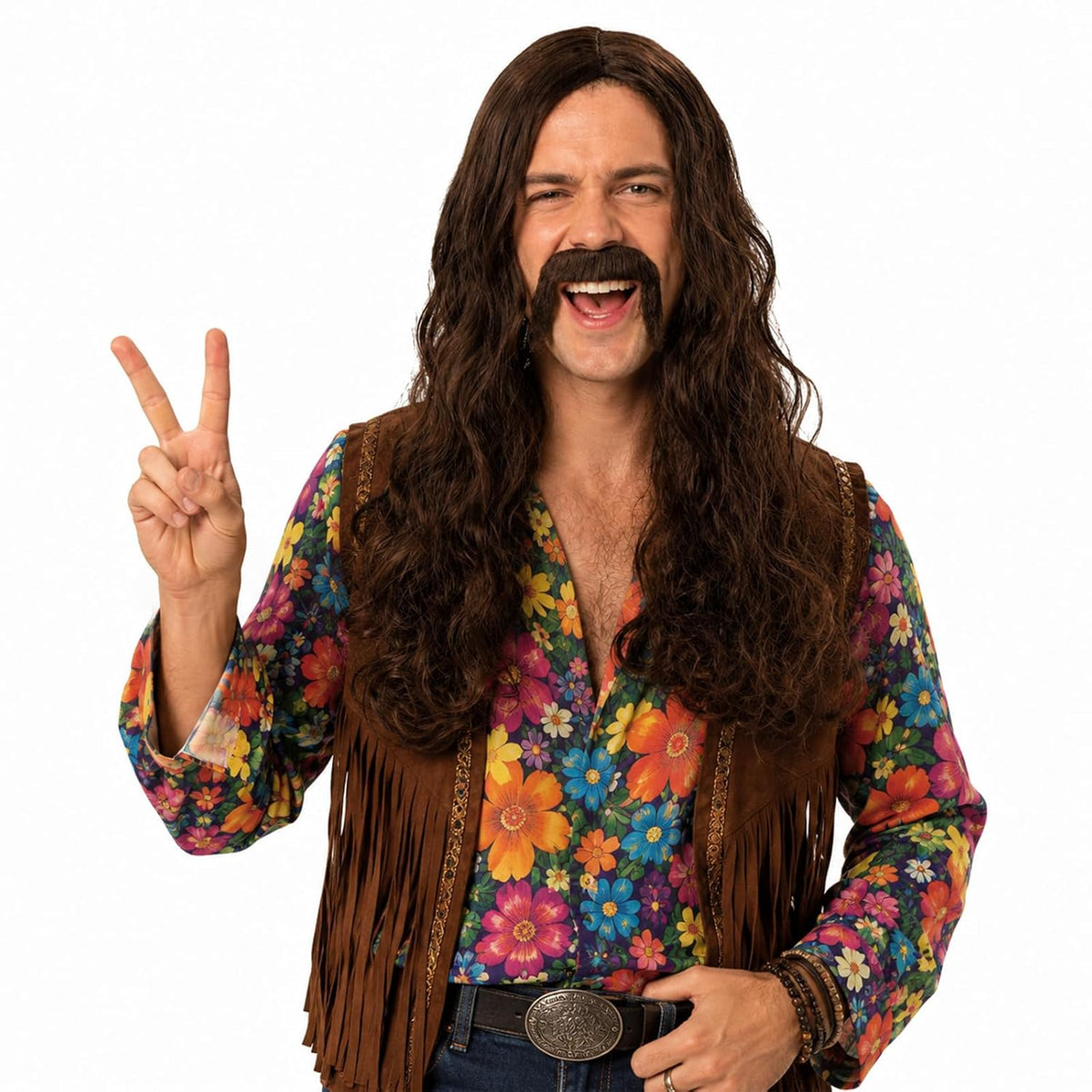 Brown Hippie Wig and Beard Set, 70s Costume Hair for Men