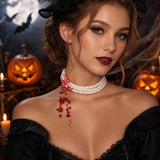 Vampire Necklace for Women, Pearl Choker with Red Drip Beads