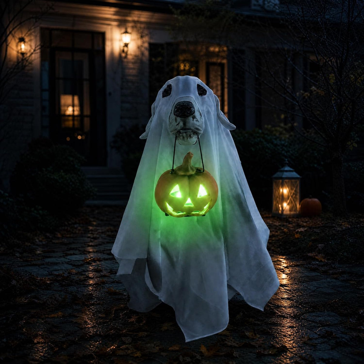 22in Light Up Ghost Dog with Pumpkin Halloween Outdoor Decor