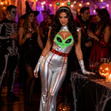 Alien Costume Women, Metallic Silver Space Alien Jumpsuit, Halloween Costumes with Antenna Headband