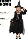 3PCS Witch Costume for Girls, Halloween Dress Costumes | Girls velvet dress up set with pointed hat and choker necklace for toddlers kids outfits