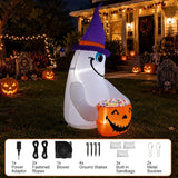 4FT Halloween Inflatable Outdoor Decorations, Blow Up Cute Ghost with Witch Hat and Pumpkin Bowl with Built-in Bright LEDs, Yard Lawn Garden Party Decor
