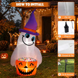 4FT Halloween Inflatable Outdoor Decorations, Blow Up Cute Ghost with Witch Hat and Pumpkin Bowl with Built-in Bright LEDs, Yard Lawn Garden Party Decor