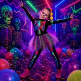 3PCS Kids Skeleton Costume, Halloween Costumes for Girls | Skeleton jumpsuit with rainbow braids and tutu skirts girls day of the dead role play outfits
