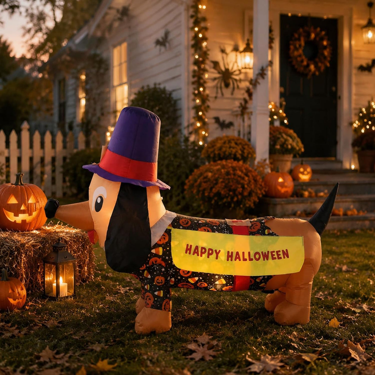 4FT Halloween Inflatable Outdoor Dog Decorations, Blow Up Dachshund with Built-in Bright LEDs, Yard Lawn Garden Party Decor