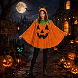 Adult Pumpkin Costume for Women, 2 PCS Jack-O'-Lantern Halloween Hooded Poncho Cape with Spooky Black Cat Tote Bag, Loose Fit Festive Dress Up Outfits