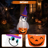 4FT Halloween Inflatable Outdoor Decorations, Blow Up Cute Ghost with Witch Hat and Pumpkin Bowl with Built-in Bright LEDs, Yard Lawn Garden Party Decor