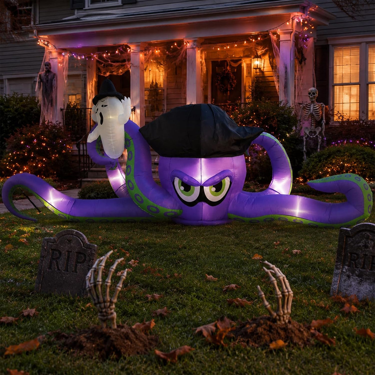 10FT Halloween Inflatable Outdoor Decorations, Blow Up Purple Octopus Ghost with Built-in Bright LEDs, Yard Lawn Garden Party Decor