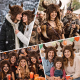 Brown Viking Horned Buffalo Hat, Halloween Costume Trooper Cap