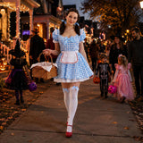 Blue Gingham Country Girl Halloween Costumes for Women, 2 PCS Checkered Apron Dress with Thigh High Bow Socks