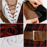 Men’s Scottish Warrior Costume, Medieval Tartan Kilt Outfit with Belt and Arm Guards for Halloween Cosplay