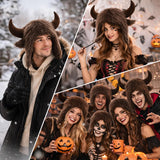 Brown Viking Horned Buffalo Hat, Halloween Costume Trooper Cap