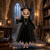 3PCS Witch Costume for Girls, Halloween Dress Costumes | Girls velvet dress up set with pointed hat and choker necklace for toddlers kids outfits