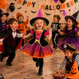 2PCS Witch Costume for Girls, Toddler Halloween Costumes | Girls flame orange purple dress up set with classic witch hat for kids toddlers party outfits