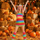 2 PCS Womens Halloween Pinata Costume Rainbow Fringe Dress