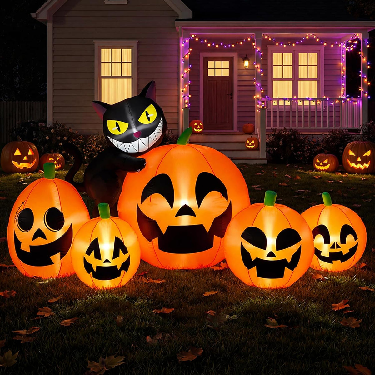 8FT Long Inflatable Pumpkin Black Cat Halloween Yard Decor