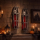 2-Piece Halloween Coffin Cage Skeleton Hanging Decor, Red