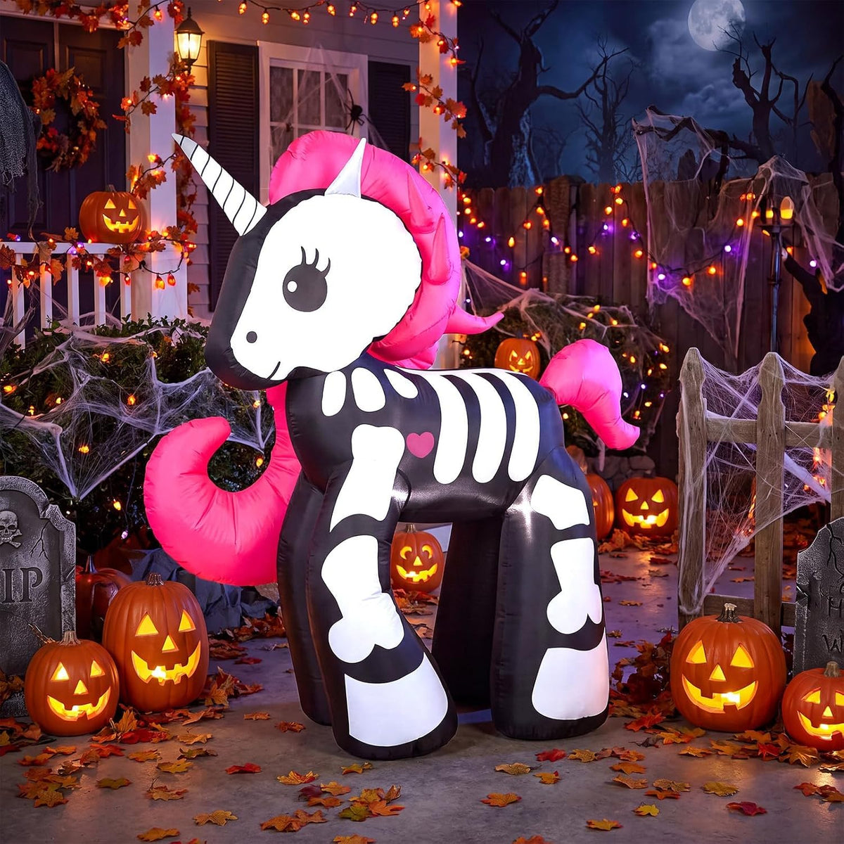 5FT Halloween Inflatable Outdoor Decorations, Blow Up Skeleton Unicorn with Built-in Bright LEDs, Yard Lawn Garden Party Decor