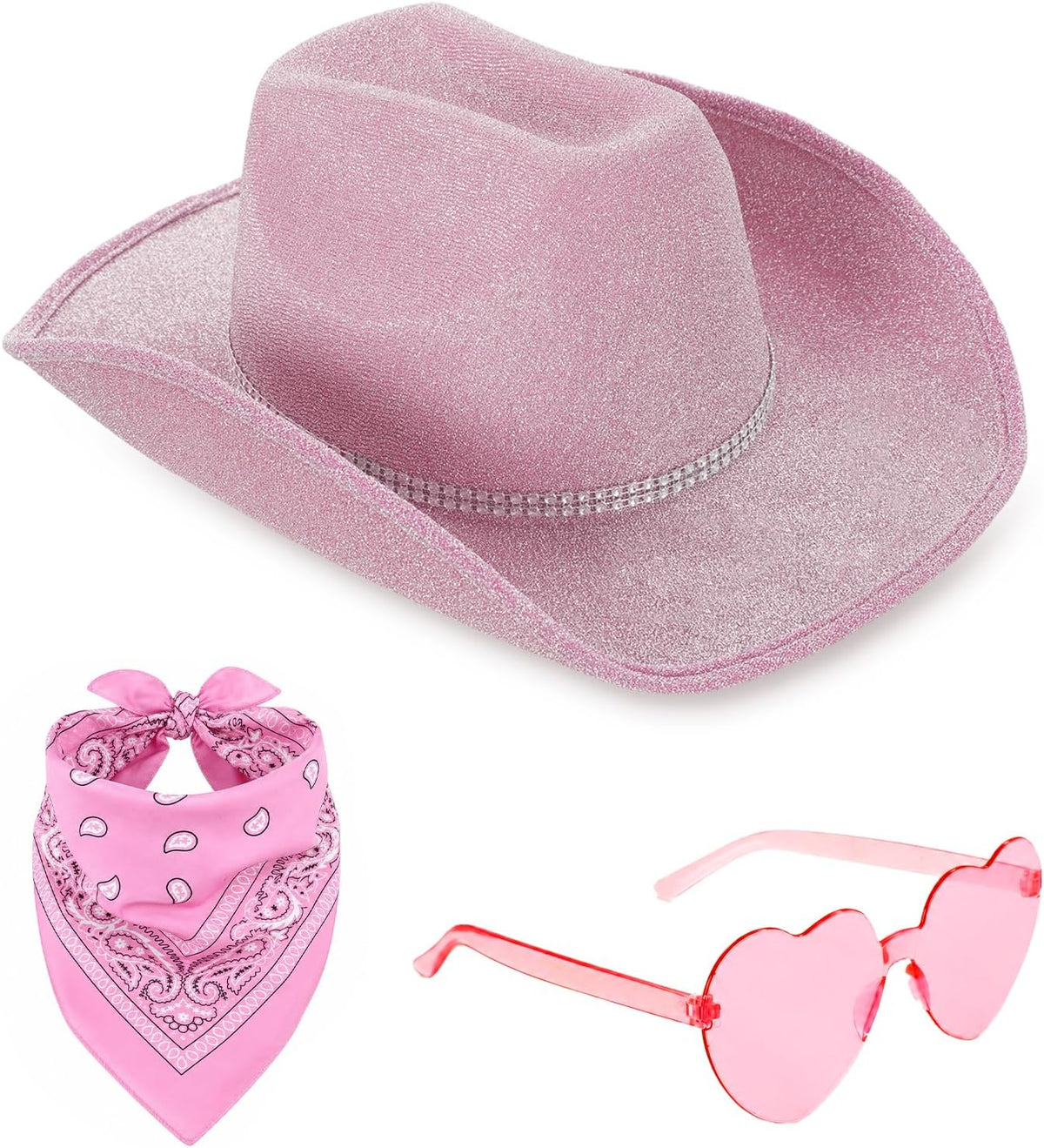 Pink Cowgirl Hat Set for Women with Sunglasses & Scarf
