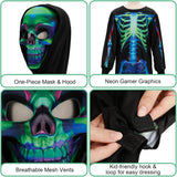 Kids Game Over Skeleton Halloween Costume, Boys Skeleton Hooded Jumpsuit Outfit with Mask