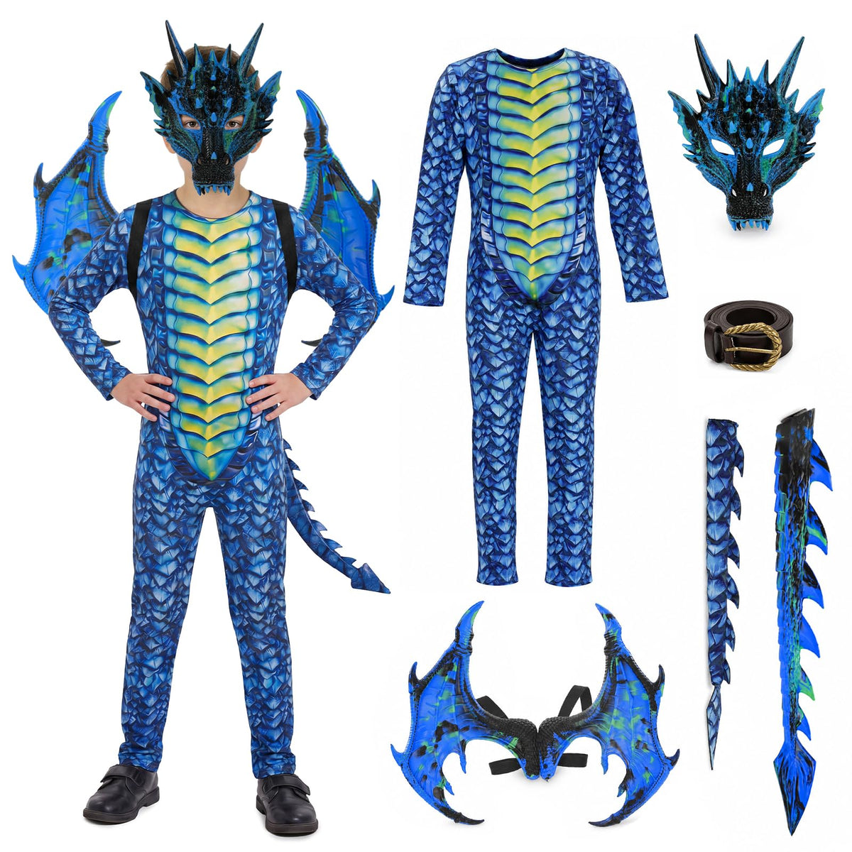 Kids Evil Dragon Halloween Costume, Boys Dragon Dress Up Outfit with Mask, Wings & Bodysuit