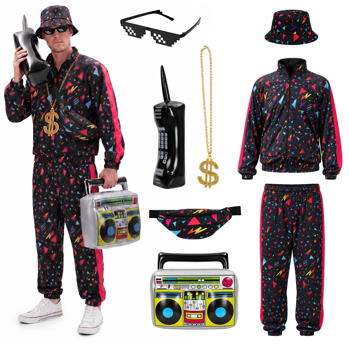 Men’s 80s 90s Retro Tracksuit Costume, Vintage Hip Hop Outfit with Accessories